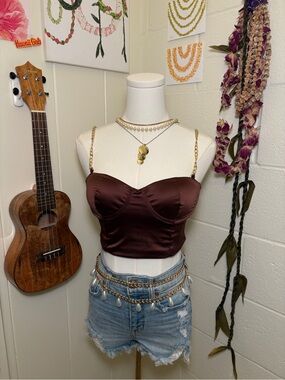 Brown Satin Crop Top with Gold Chain Straps